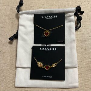Coach Women’s Signature Heart Pendant Necklace And Slider Bracelet Set NEW
